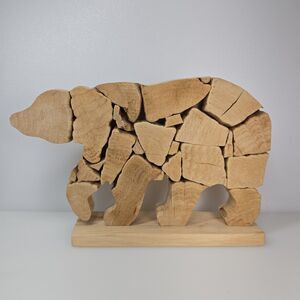 Rustic Wooden Bear Sculpture Animal Decor Natural Raw Wood Art 12" Cabin Lodge